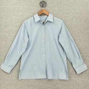 Foxcroft Shirt Womens 8 Blue Green Striped Button Up Blouse Long Sleeve